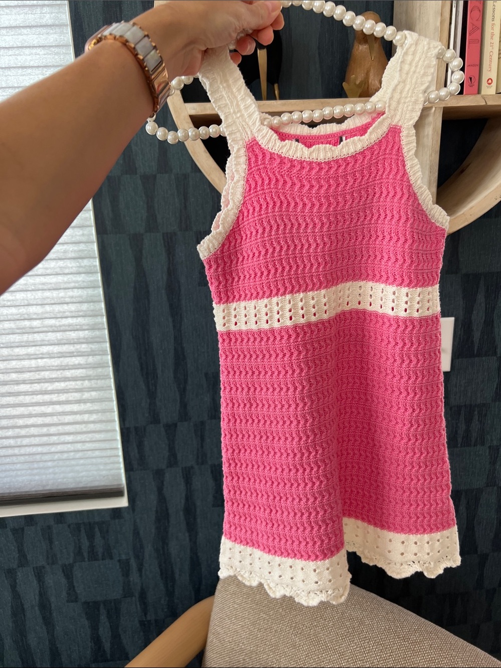 New Pink Crochet Tank Dress with White Trim